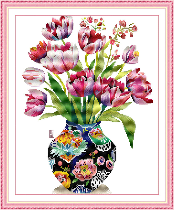 Pink Tulips in A Vase Cross Stitch Kits