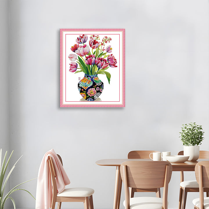 Pink Tulips in A Vase Cross Stitch Kits
