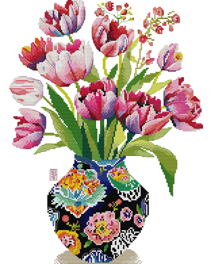 Pink Tulips in A Vase Cross Stitch Kits