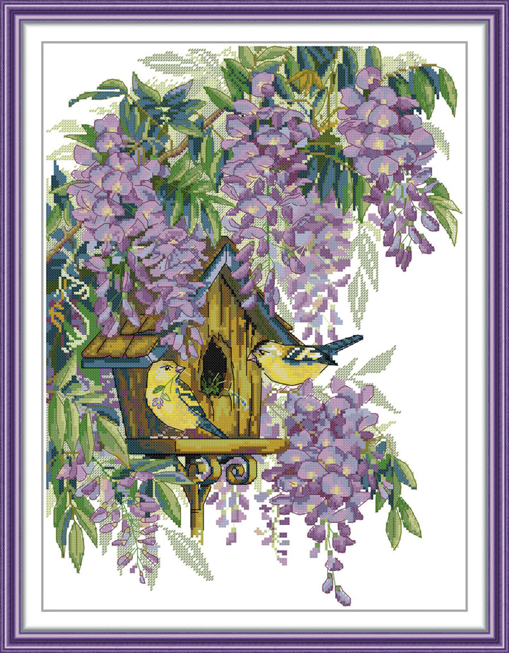 Bird's Nest Under Purple Flowers Cross Stitch Kits