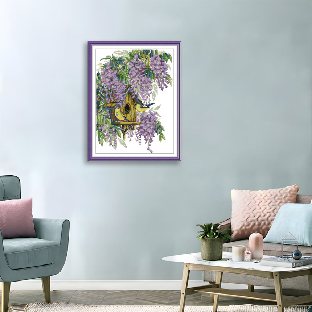 Bird's Nest Under Purple Flowers Cross Stitch Kits
