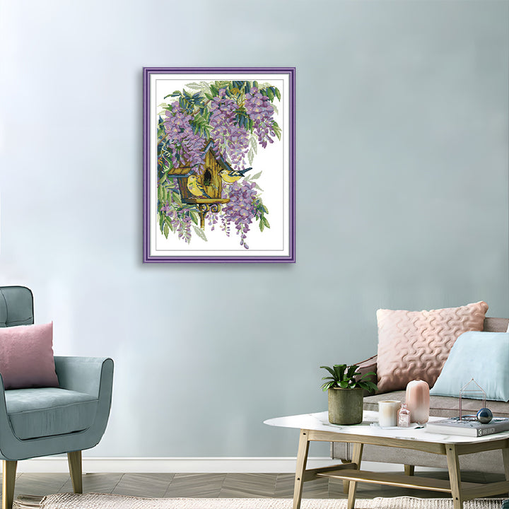 Bird's Nest Under Purple Flowers Cross Stitch Kits