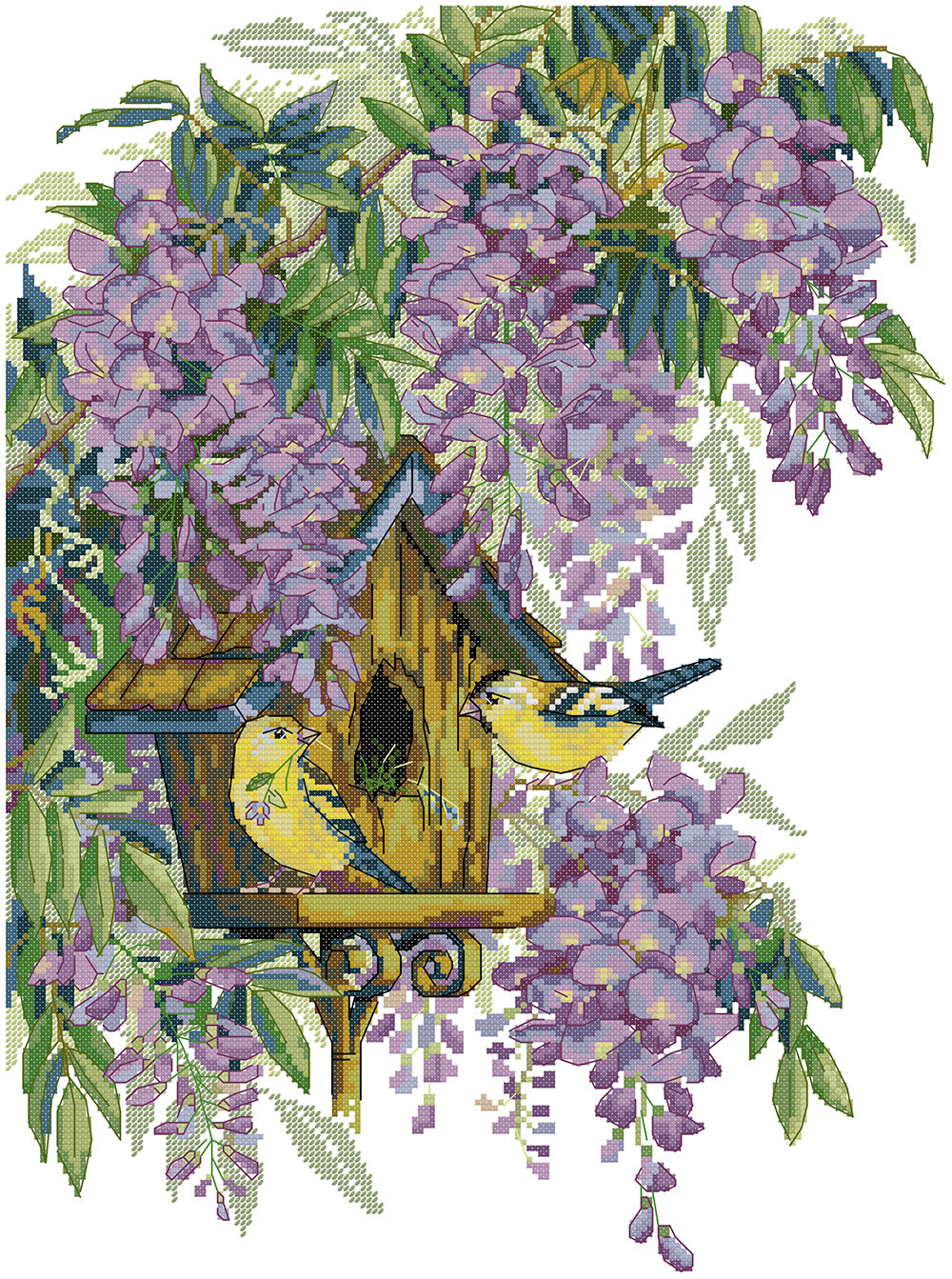 Bird's Nest Under Purple Flowers Cross Stitch Kits