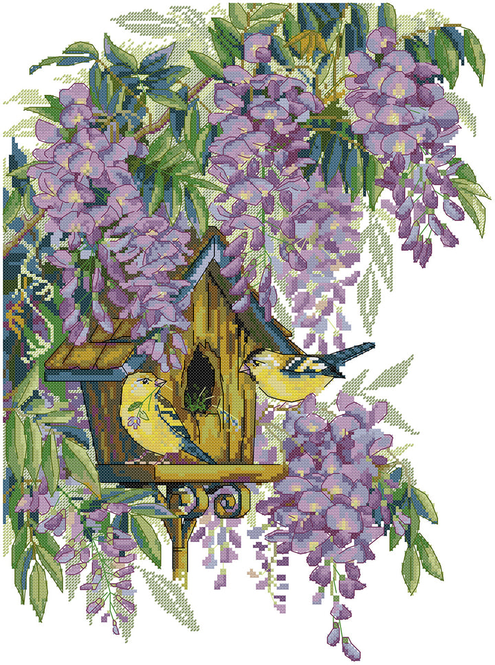 Bird's Nest Under Purple Flowers Cross Stitch Kits