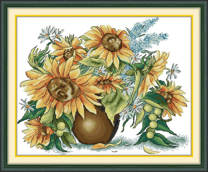 Sunflowers with White Flowers in Vase Cross Stitch Kits