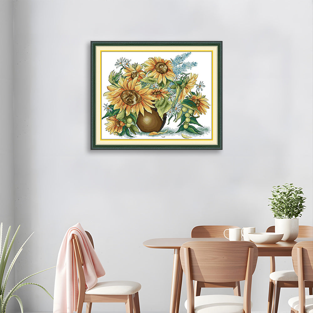 Sunflowers with White Flowers in Vase Cross Stitch Kits
