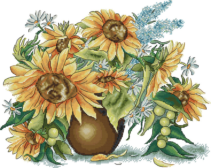 Sunflowers with White Flowers in Vase Cross Stitch Kits