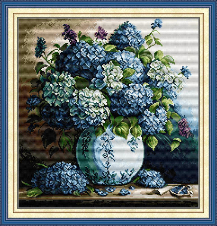 Bouquet of Blue Hydrangeas in A Vase Cross Stitch Kits