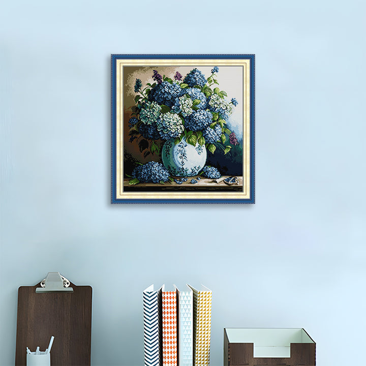 Bouquet of Blue Hydrangeas in A Vase Cross Stitch Kits