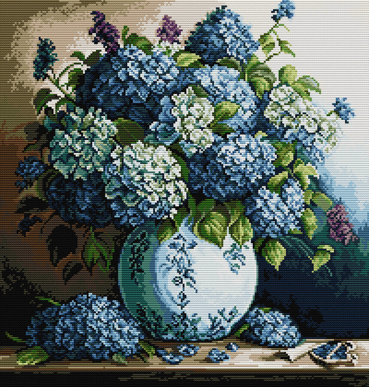 Bouquet of Blue Hydrangeas in A Vase Cross Stitch Kits