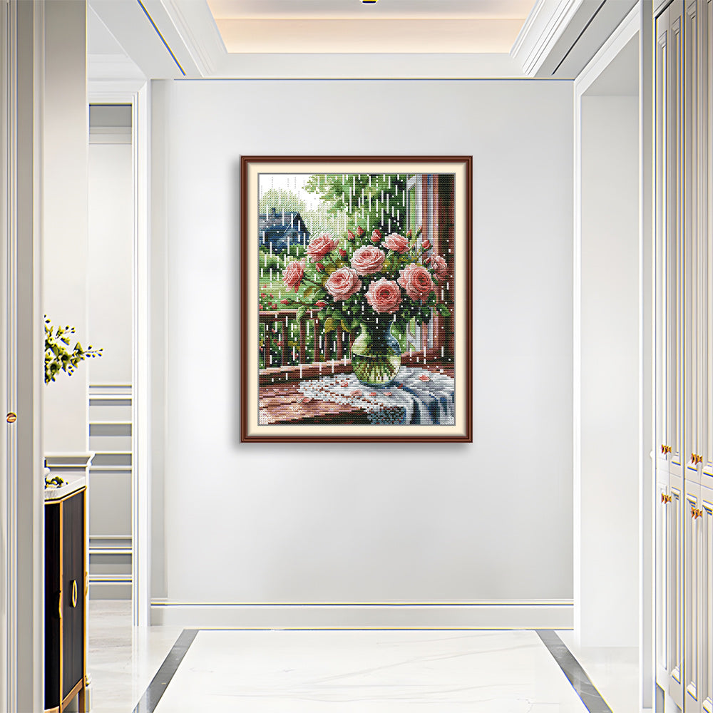 The Rose on the Window sill in the Rain Cross Stitch Kits