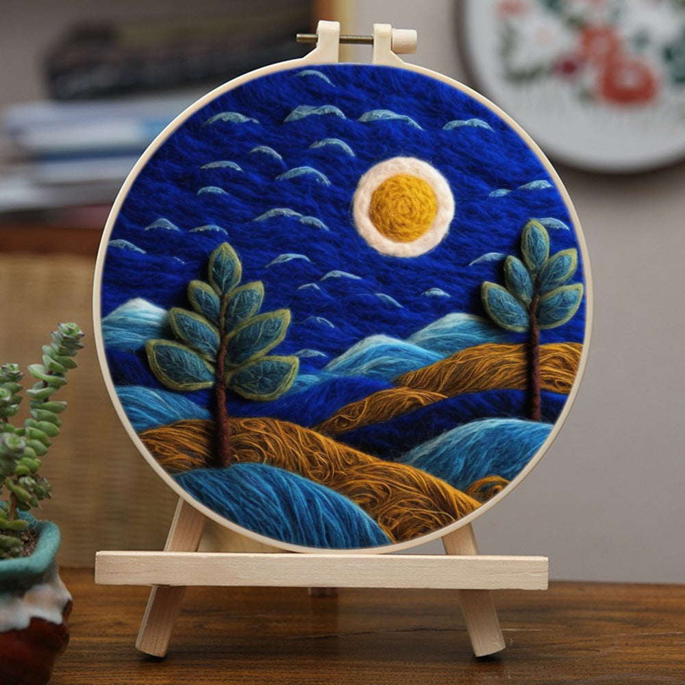 Night Mountains with Moon and Trees Wool Needle Felting Painting Kit