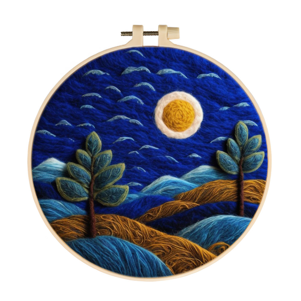 Night Mountains with Moon and Trees Wool Needle Felting Painting Kit