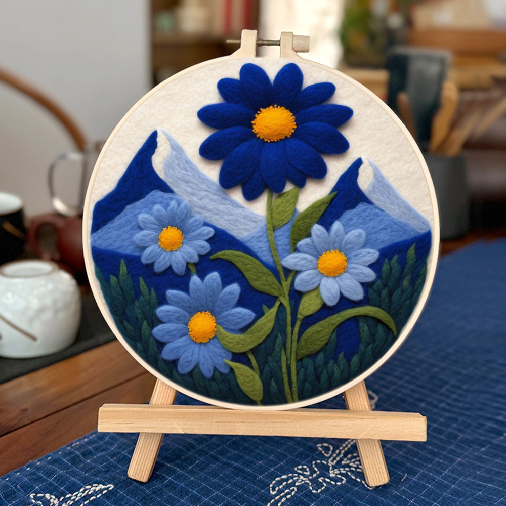 Bloom Blue Flowers Against Snowy Mountains Wool Needle Felting Painting Kit