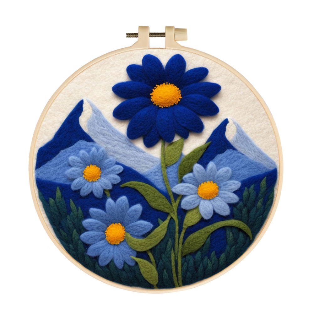Bloom Blue Flowers Against Snowy Mountains Wool Needle Felting Painting Kit