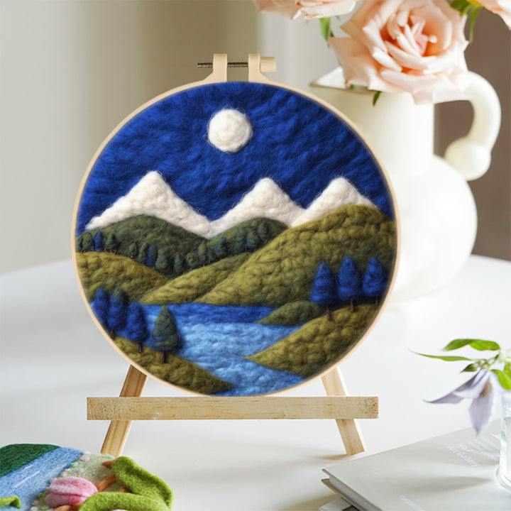Snowy Peaks with River and Forested Hills Wool Needle Felting Painting Kit