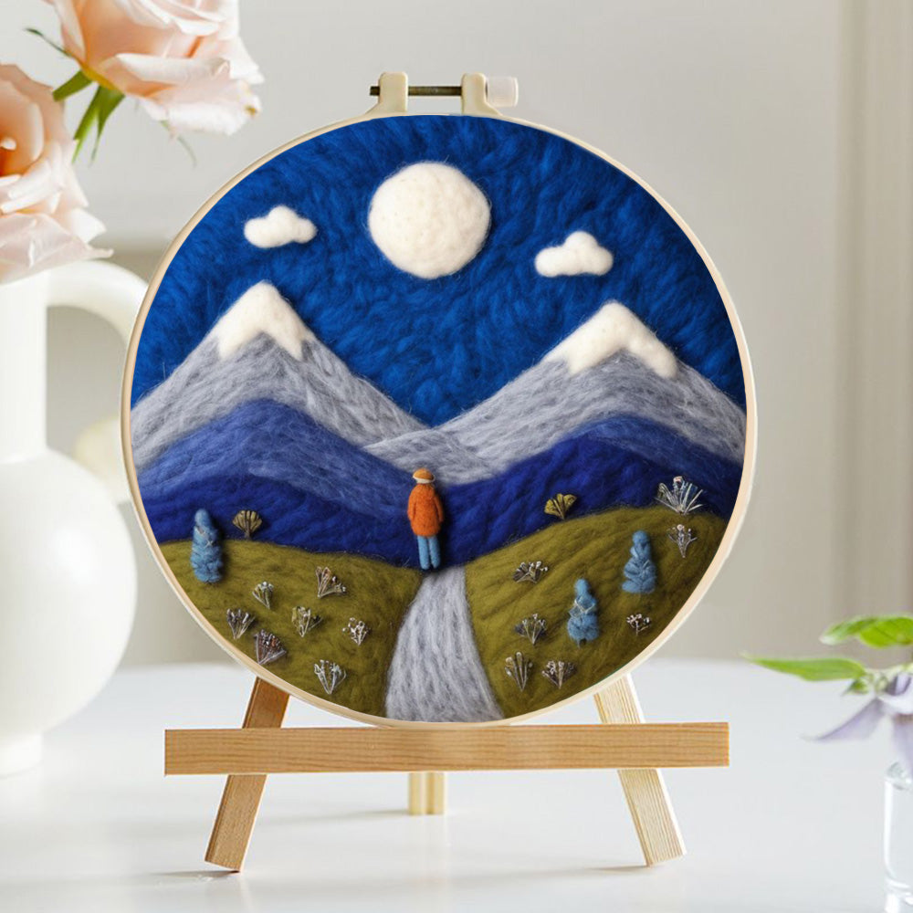 Figure on a Path Between Moonlit Mountains Wool Needle Felting Painting Kit