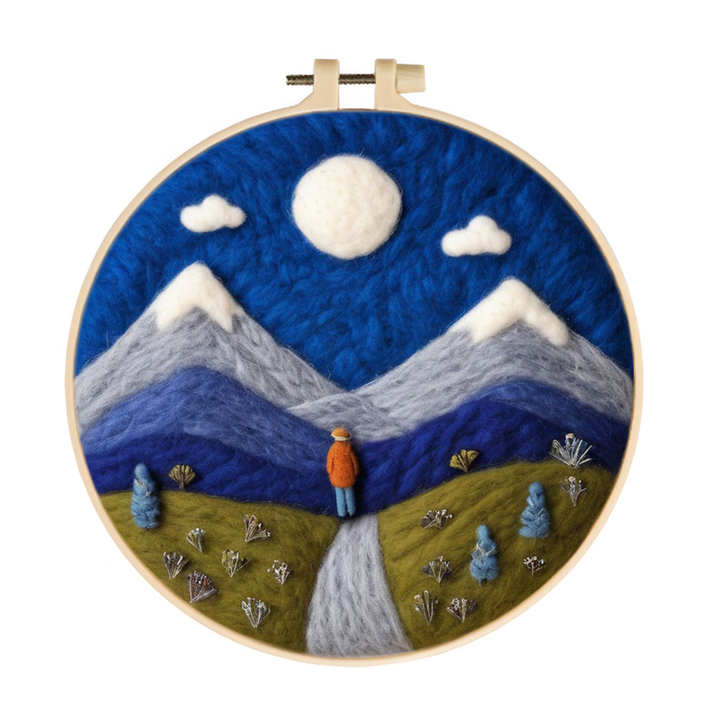 Figure on a Path Between Moonlit Mountains Wool Needle Felting Painting Kit