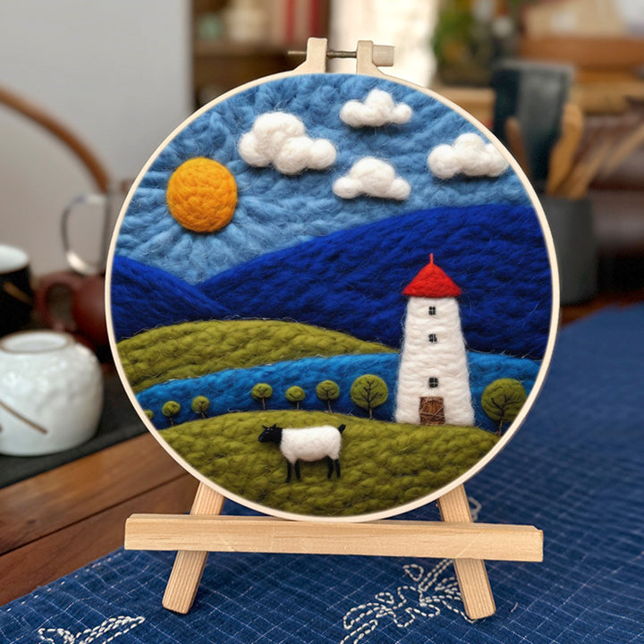 Sheep in Green Fields Below a Riverside Tower Wool Needle Felting Painting Kit