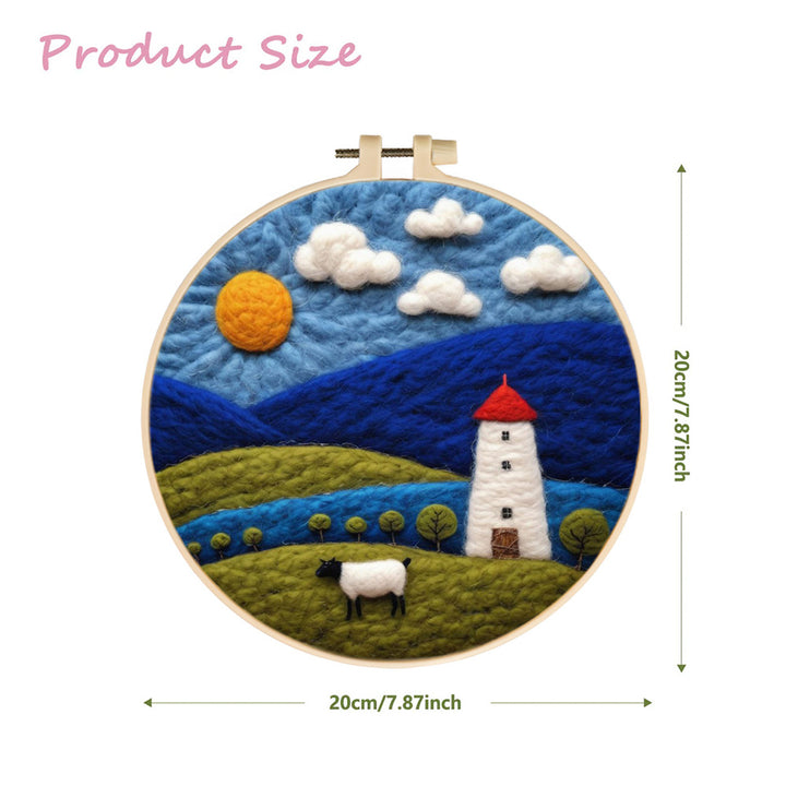 Sheep in Green Fields Below a Riverside Tower Wool Needle Felting Painting Kit