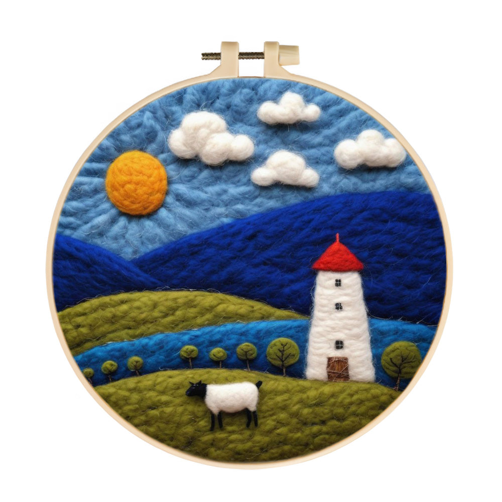 Sheep in Green Fields Below a Riverside Tower Wool Needle Felting Painting Kit