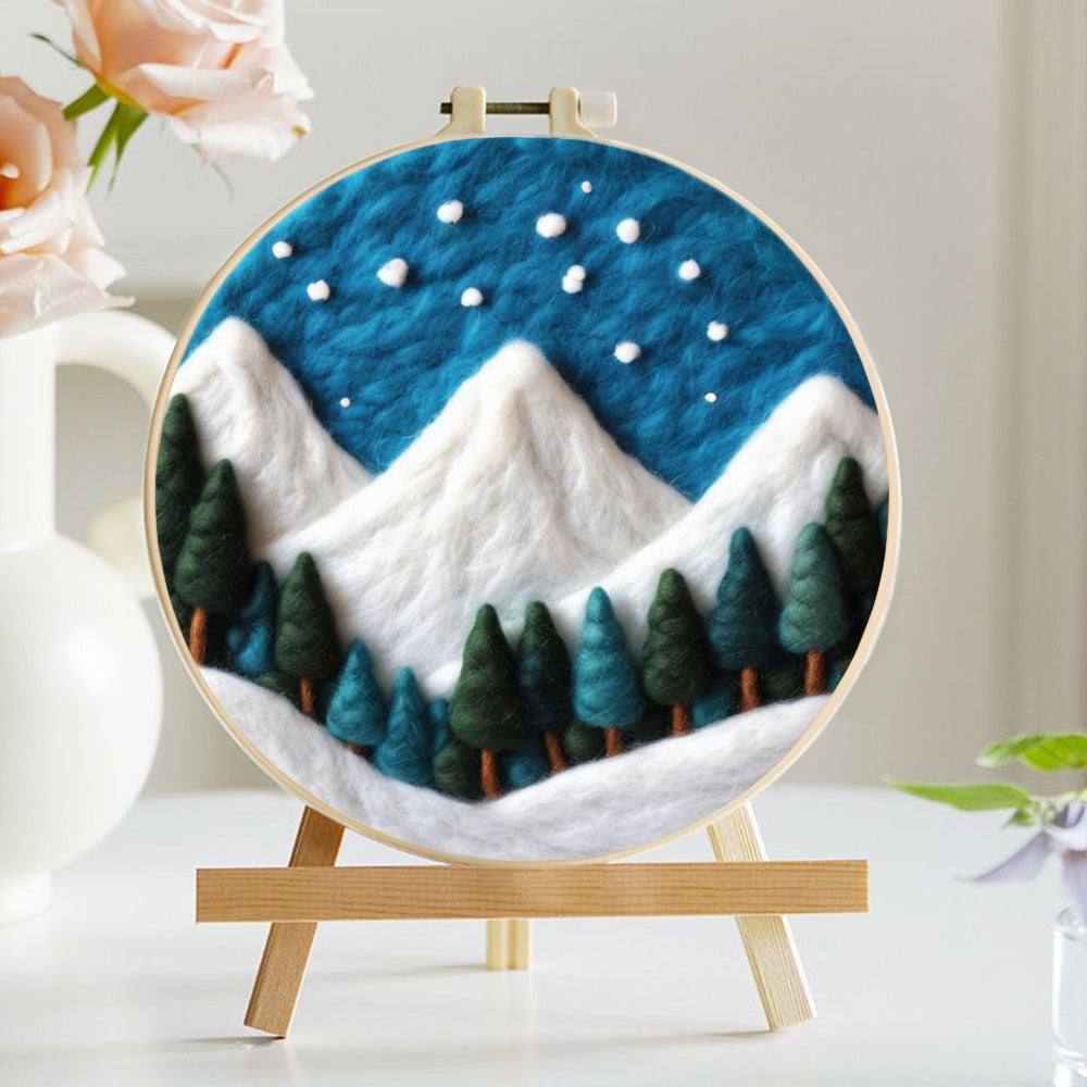 White Peaks Rising above a Pine Forest at Night Wool Needle Felting Painting Kit