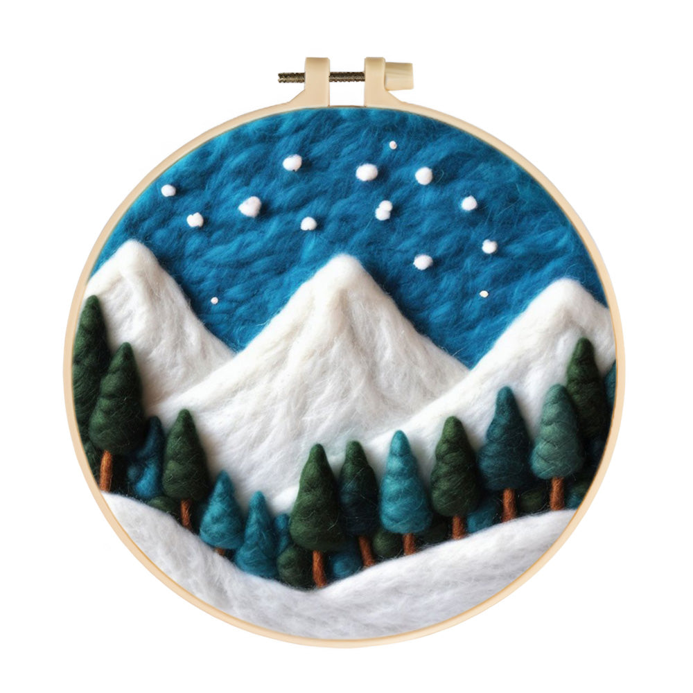 White Peaks Rising above a Pine Forest at Night Wool Needle Felting Painting Kit