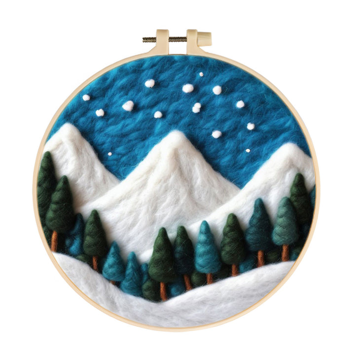 White Peaks Rising above a Pine Forest at Night Wool Needle Felting Painting Kit