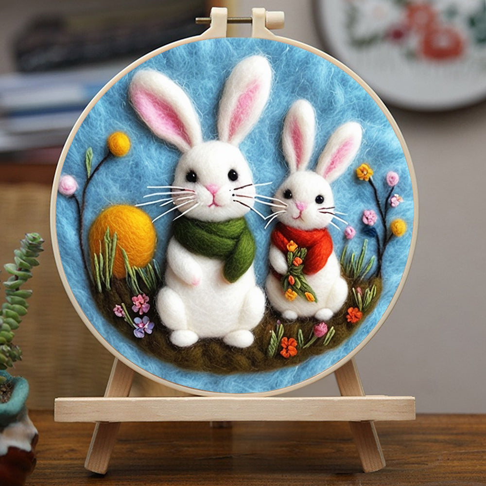 Rabbits with Scarves Sitting Among Flowers Wool Needle Felting Painting Kit