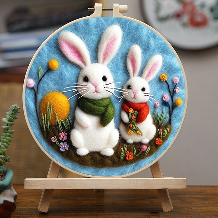 Rabbits with Scarves Sitting Among Flowers Wool Needle Felting Painting Kit