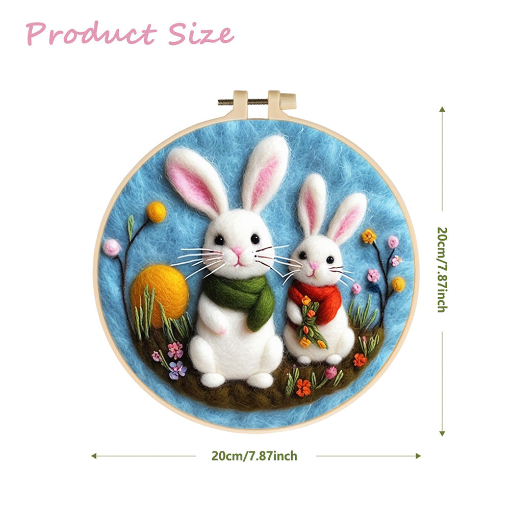 Rabbits with Scarves Sitting Among Flowers Wool Needle Felting Painting Kit