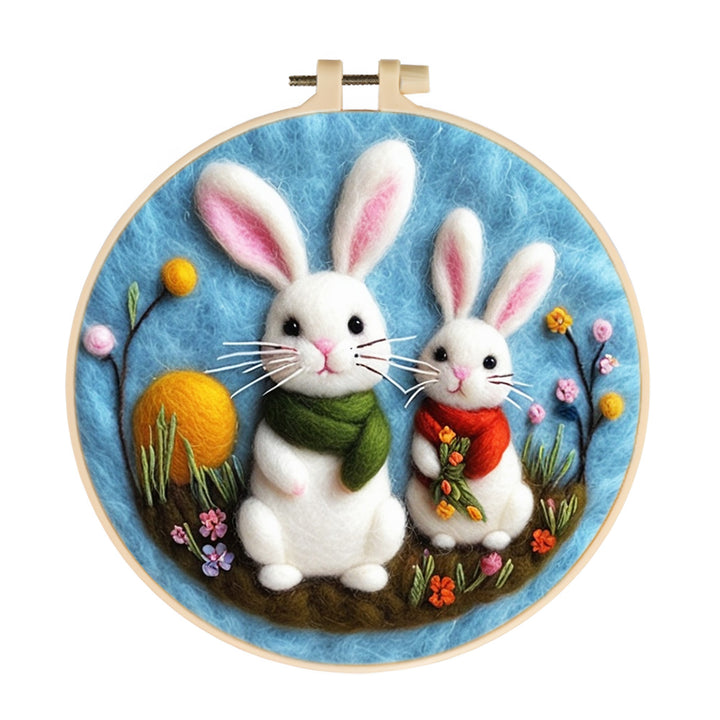 Rabbits with Scarves Sitting Among Flowers Wool Needle Felting Painting Kit
