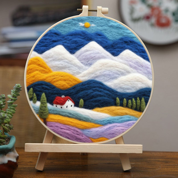 Fields with a House beneath Snowy Mountains Wool Needle Felting Painting Kit