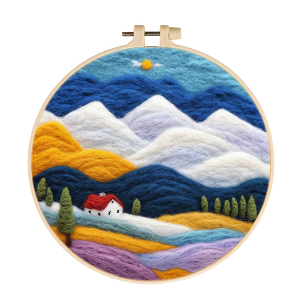 Fields with a House beneath Snowy Mountains Wool Needle Felting Painting Kit