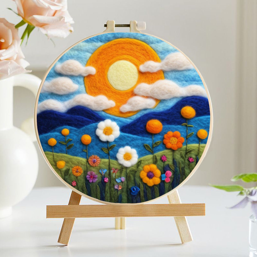 Sunny Hills beneath Clouds and a Field of Flowers Wool Needle Felting Painting Kit