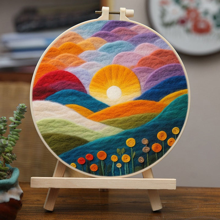 Rising Sun over Colorful Hills and Flowered Valley Wool Needle Felting Painting Kit