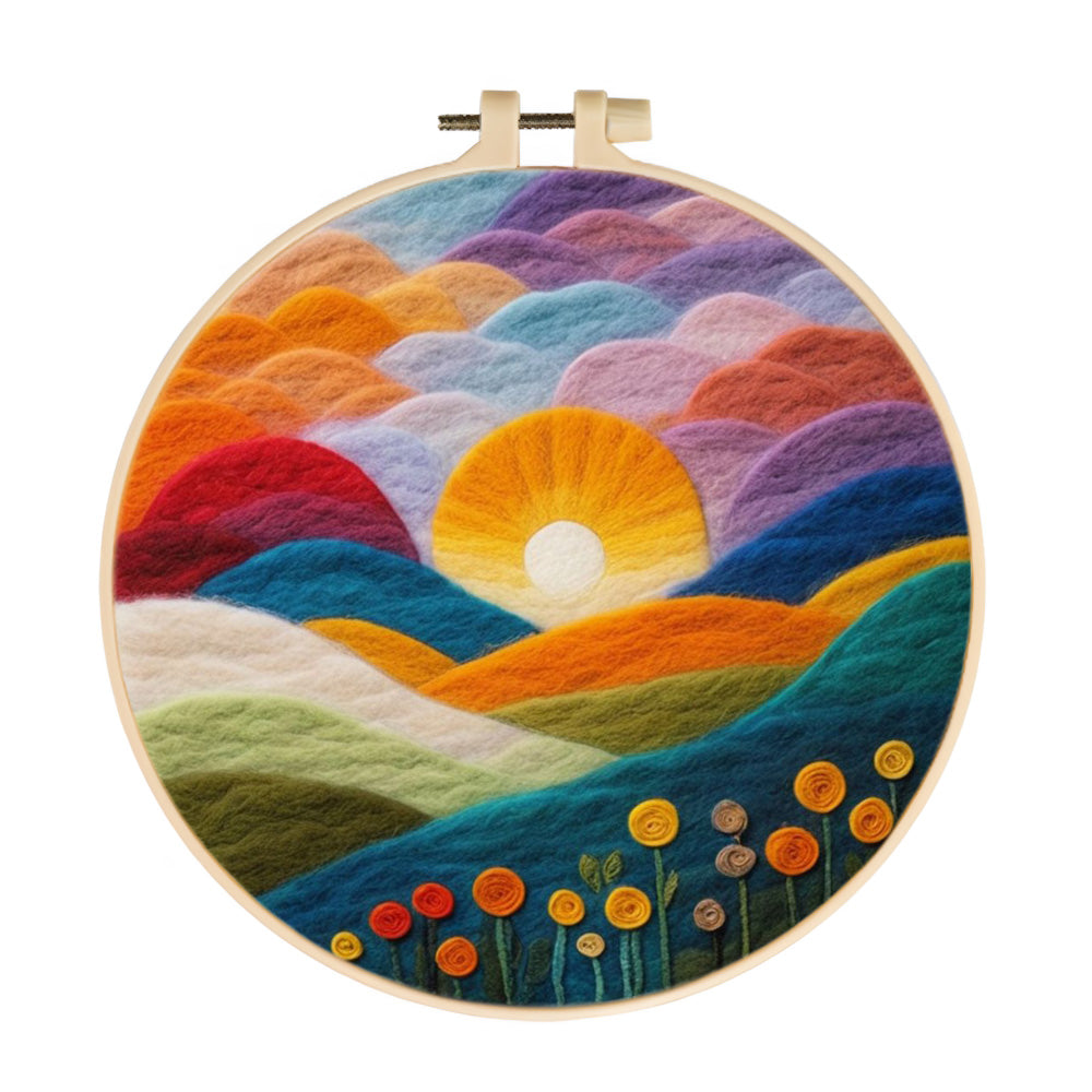 Rising Sun over Colorful Hills and Flowered Valley Wool Needle Felting Painting Kit
