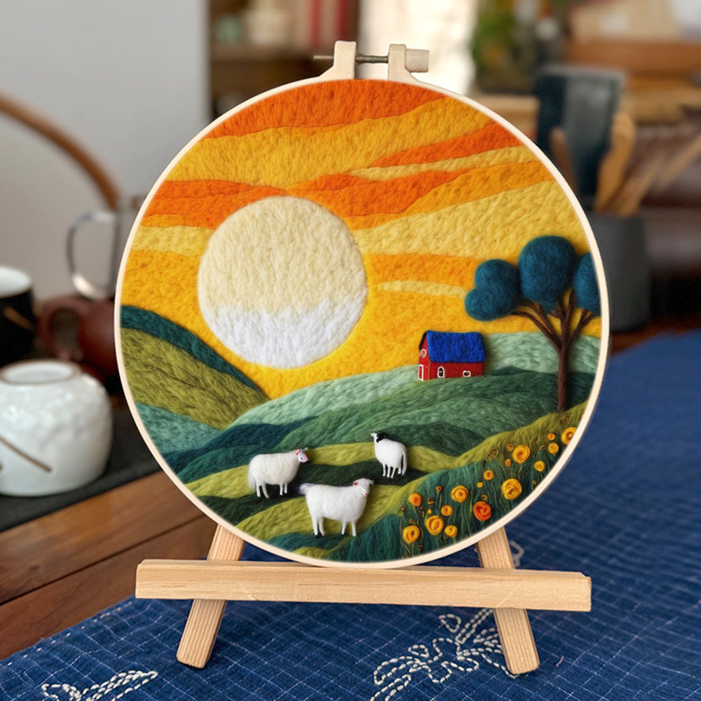 Bright Sun above Rolling Hills and Sheep Wool Needle Felting Painting Kit