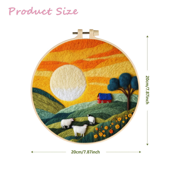 Bright Sun above Rolling Hills and Sheep Wool Needle Felting Painting Kit