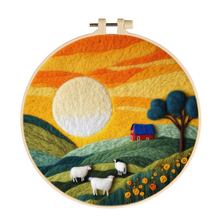 Bright Sun above Rolling Hills and Sheep Wool Needle Felting Painting Kit