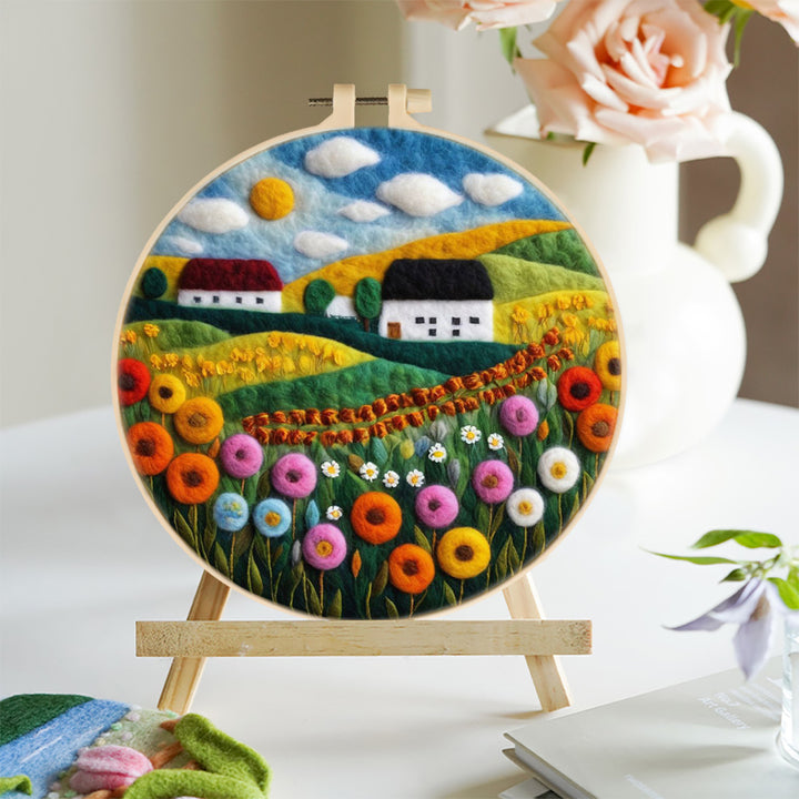 Village Houses above Colorful Flowers Wool Needle Felting Painting Kit