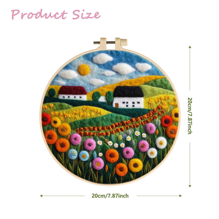 Village Houses above Colorful Flowers Wool Needle Felting Painting Kit