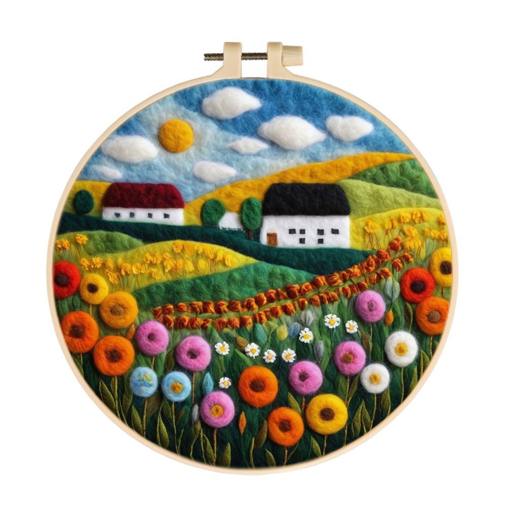 Village Houses above Colorful Flowers Wool Needle Felting Painting Kit