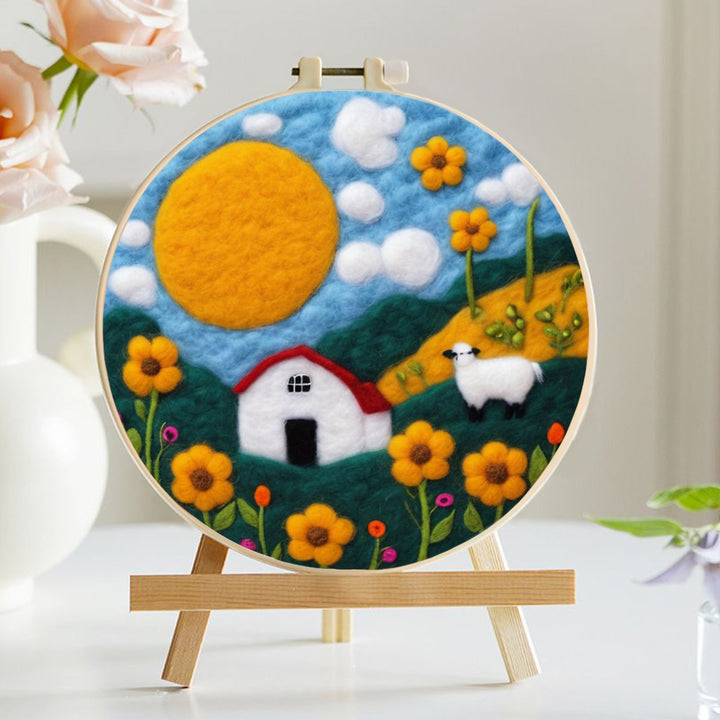 Quiet Hills with Sheep, Flowers, and House Wool Needle Felting Painting Kit
