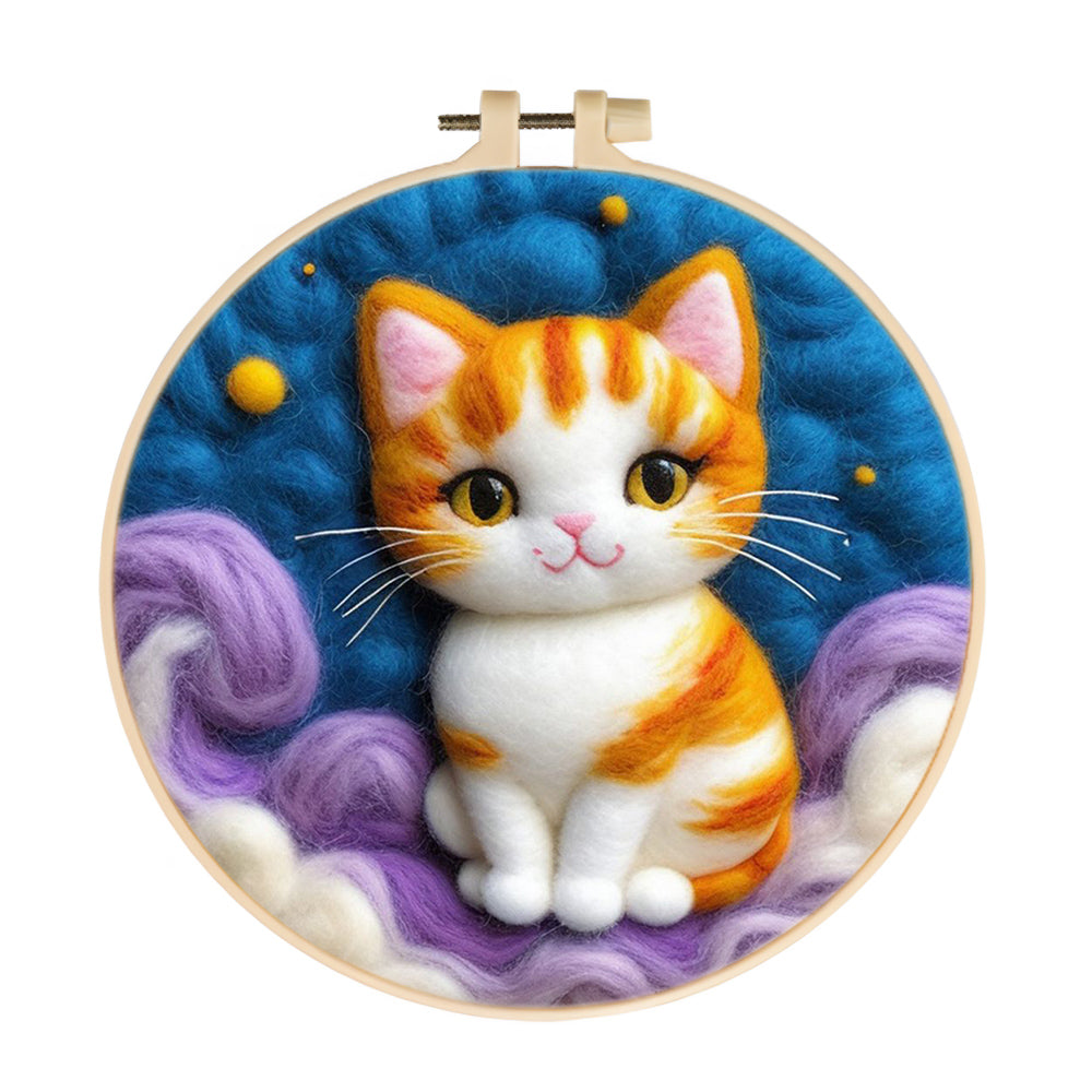 Cat Sits Among Purple Clouds Wool Needle Felting Painting Kit