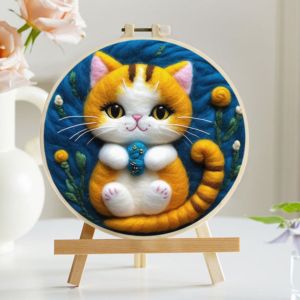 Cat Holds Blue Toy with Paws Wool Needle Felting Painting Kit