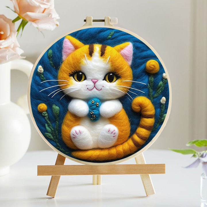 Cat Holds Blue Toy with Paws Wool Needle Felting Painting Kit