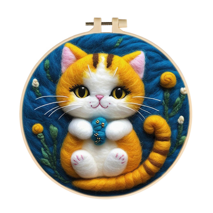 Cat Holds Blue Toy with Paws Wool Needle Felting Painting Kit