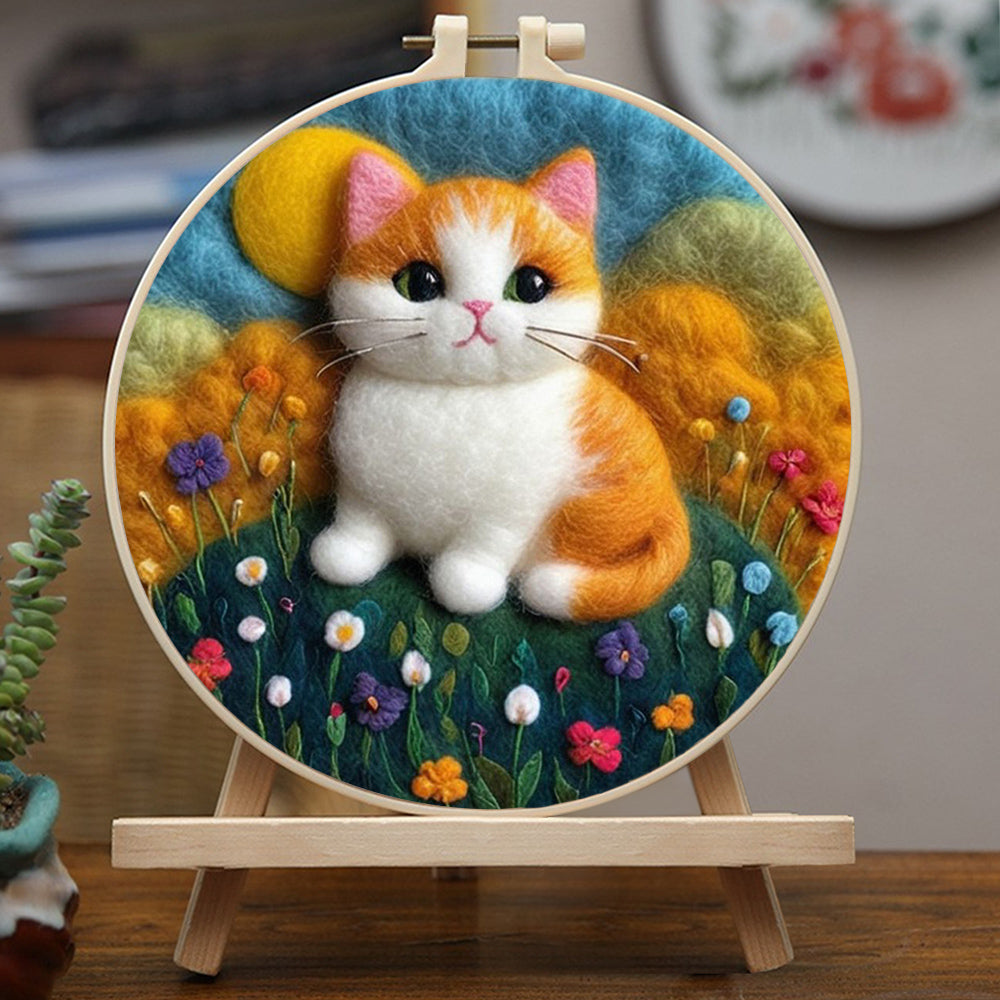 Orange Cat in Flower Field Wool Needle Felting Painting Kit