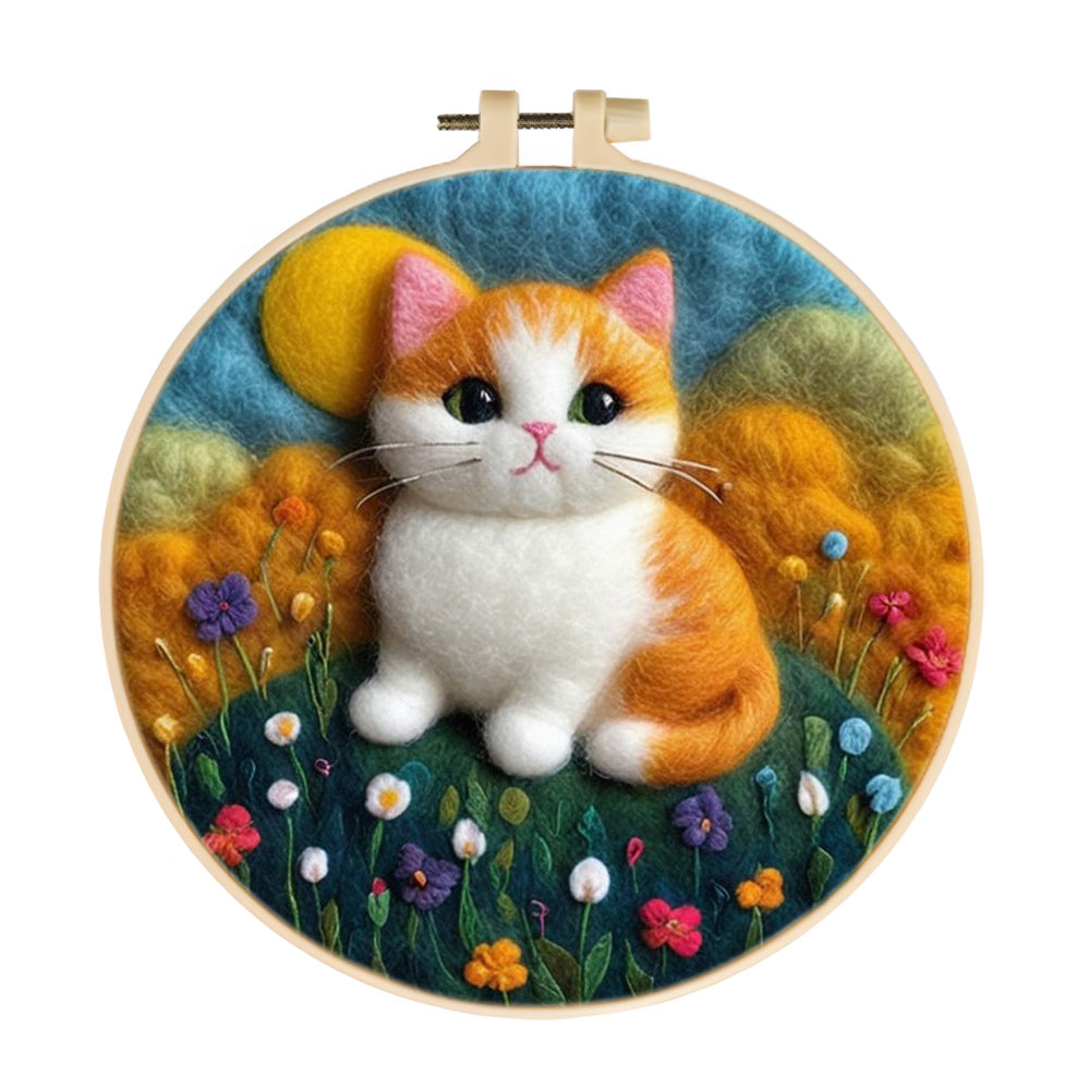 Orange Cat in Flower Field Wool Needle Felting Painting Kit